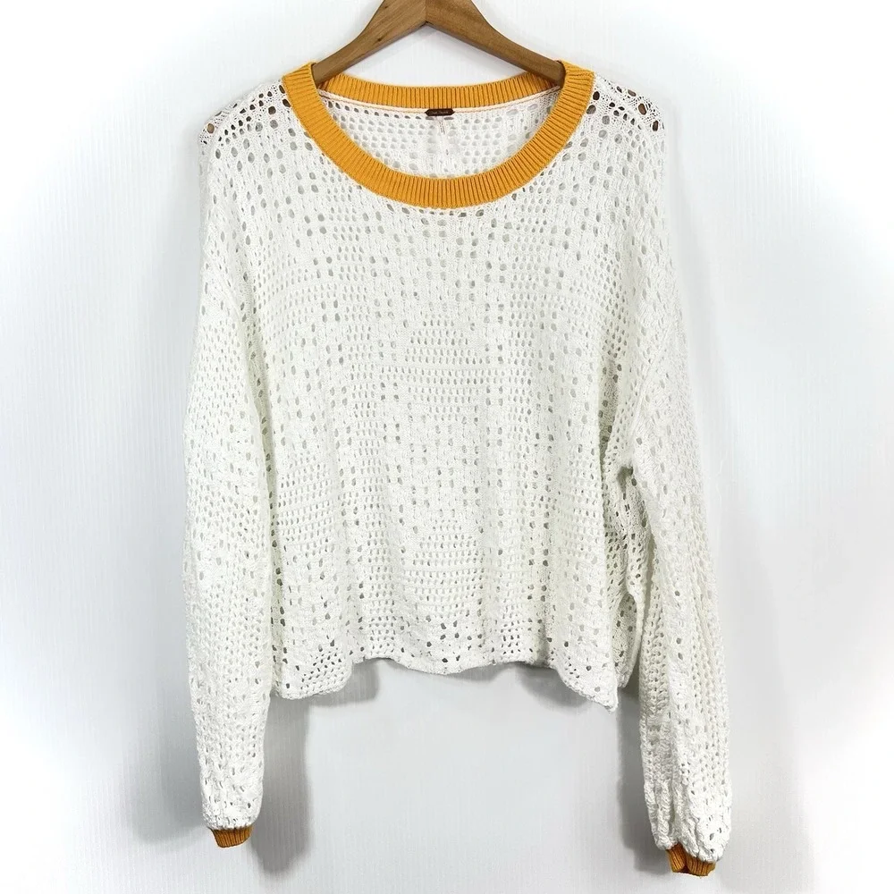 Free People Home Run Sweater Size S Crochet Open Knit Balloon Sleeve Boxy *READ*